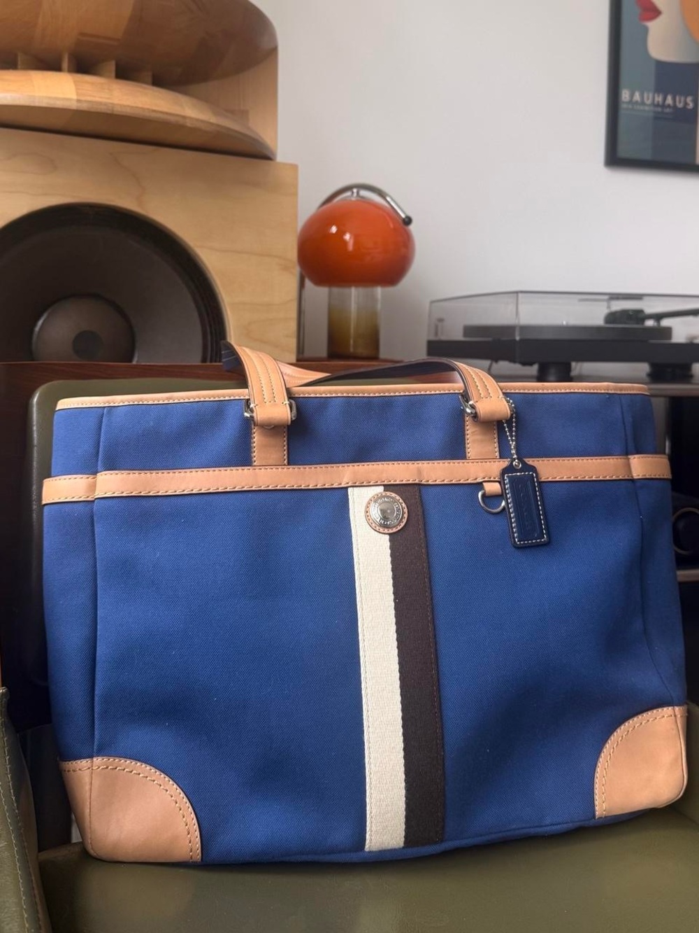 Coach Premium Voyager Blue Canvas Tote with Tan Leather Trim Tote Bag